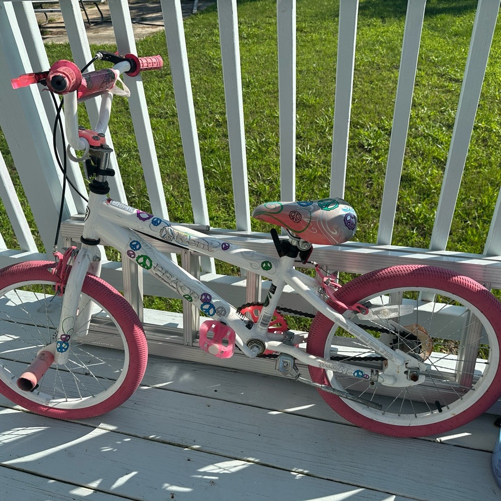 white and pink girls bmx bike